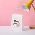 White Thank You gift bag with pink floral design and gold geometric border accents - 232-3 Gold Border Floral / 21x15x8cm