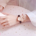 Women's quartz watch with black leather strap and gold star-moon bracelet set - Black + Bracelet + Box