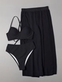 Conjunto de baño negro de 3 piezas con top de bikini, braga de talle alto y pantalón de playa - S / Negro