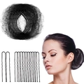 Detail of black nylon hairnet and metal U-shaped pins for elegant bun styling - 50 Black Nets + 40 U-Pins / Black