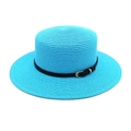 Detail of sky blue straw boater hat with woven texture and black leather belt buckle - M (56-58cm) / Lake Blue