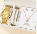 5-piece gold-tone quartz watch set with crystal bracelet, necklace and ring in gift box - Gold Set 6 (Orange Box)