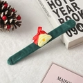 Green velvet Christmas slap bracelet with plush yellow bell and red ribbon bow - Plush Bell Style