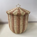Noorse opbergmand van gevlochten papiertouw met deksel in beige en bruine strepen - Circus Beige & Koffie - Klein / 32*37CM