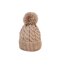 Winter chunky cable knit beanie with fluffy pompom and ribbed cuff in camel beige - One Size / Khaki