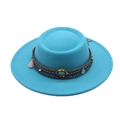 Blue wide brim felt hat featuring bohemian ethnic band with beads and tassels - Lake Blue