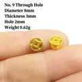 Macro view of 8mm gold coin spacer beads for jewelry making showing size and detail - Style 9/Gold/Hole/8mm
