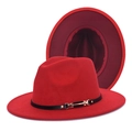 Detailed view of red wool fedora featuring black leather band with golden metal buckle - Red & Wine Red