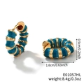 Detail view of vintage enamel hoop earrings with blue stripes and size measurements - Cyan Blue