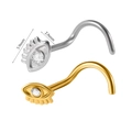 Stainless steel eye-shaped nose studs in silver and gold with clear diamond accents - Steel Color Eye With Zirconia / 0.8x7mm