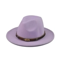 Detail of lavender wool fedora hat with a brown braided band and a golden feather ornament - Adult (57-60cm) / Light Purple (With Leaf Chain)