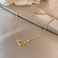 Gold-plated titanium heart necklace with asymmetric bead and link chain design - Titanium Steel Gold Style (X500)