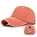 Detail of vintage washed ponytail baseball cap with criss-cross elastic back design - Washed Distressed Ponytail Hole / Orange