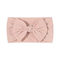 Soft pink nylon headband for babies featuring a large decorative bow on a white background - Nude Pink