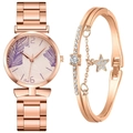 Elegant rose gold steel strap watch with purple palm leaf dial and star charm bracelet - Purple + Bracelet