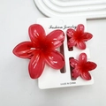 Three-piece plumeria hair claw set in translucent rose pink with marble texture - Red Background With Red Core (including Cards)