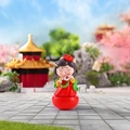 Chinese style cartoon girl figurine in red dress with fan on tumbler base - Duo Duo Yi Shan Style Tumbler (Small) / 1 Piece (Small) / Red-Gold-Green