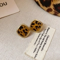 Macro detail of retro leopard print square stud earrings with polished gold trim - Gold Edge Leopard Rounded Square (Silver Earring Post)