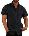 Detailed view of black cotton linen shirt featuring dual chest pockets and textured fabric - M / Tops / Black