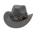 Detail of grey felt cowboy hat featuring a USA wing star badge and patriotic band - Gray