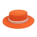 Orange straw flat top hat with elegant white pearl and gold chain decorative band - Artificial Pearl Gold Chain Style (299B)