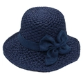 Navy blue woven straw cloche hat with an elegant ribbon bow for summer beach outings - Adjustable / Navy Blue