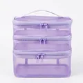 Three-piece set of purple mesh travel organizer bags with zippers and top handles - Triple Layer / Purple