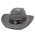 Striped woven western cowboy straw hat with turquoise buckle and wide brim for sun protection - One Size(56-58cm) / Black White Striped (Blue Turquoise Round Concho + Windproof Rope)