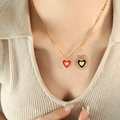 Minimalist double-sided heart pendant necklace featuring red and black enamel with gold beads - 42+5cm / Gold Color (P1383)