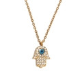 18K gold plated Hamsa hand necklace with zircon paving and blue evil eye heart - Hamsa Hand Eye Necklace - Gold