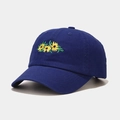 Detail of navy blue cotton baseball cap featuring three yellow sunflower embroideries - M (56-58cm) / Blue