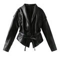 Detail of black faux leather jacket featuring waist tie and lace-up sleeve decoration - S / Black