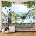 Detail showing a nature landscape tapestry with waterfall and terrace in a modern room decor - Mountain Waterfall (GT109951)