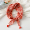 Floral print coral pink cotton linen scarf with tassels and small flower pattern - Four-Leaf Line Orange (Fringe)