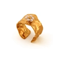 Golden hammer textured open bangle featuring a white pearl flower motif center - Adjustable Open / Artificial Pearl White