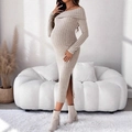 Off-shoulder knit maternity dress in beige with long sleeves and side slit design - S / Apricot