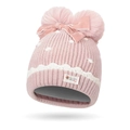 Pink knit baby hat with dual faux fur pom poms and a velvet bow detail - One Size (3M-5Y) / Pink