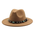 Detail of tan fedora hat featuring black leather belt with turquoise stones and silver studs - M (56-58cm) / Khaki