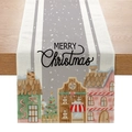 Polyester table runner with Christmas houses, trees, and Merry Christmas text - Grey Christmas House (ZQ28-1)