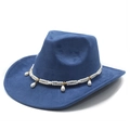 Detail of navy blue felt cowboy hat featuring a white pearl trim and teardrop pendants - Navy Blue
