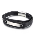 Multilayer black leather and braided rope bracelet with polished silver steel plate - Multilayer Composite ID Plate Style(KB136196-QM)