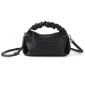 Deep black woven leather crossbody bag with elegant ruched handle and gold hardware - Black