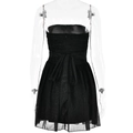 Black strapless mesh splicing mini dress with pleated details and waist bow tie - S / Black