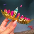 Handmade gold wing crown featuring pink crystals and iridescent quartz pillars - Rose Yellow Green Crystal + Gold Wing Moon