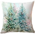 Mint green Christmas pillow cover with watercolor reindeer and snowy pine tree patterns - Snowy Pine with Pink Winter Flowers