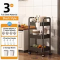 Black 3-tier rolling utility cart with handle, metal storage mesh baskets and hooks - Triple Layer / Black