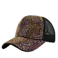 Detail of shimmering aurora rhinestones and breathable mesh on black baseball cap - Adjustable / Black Rose Gold