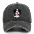 Close-up of Bernese Mountain Dog embroidery on vintage washed cotton baseball cap - Army Green