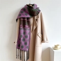 Winter faux cashmere scarf with purple green polka dots and fringe, draped on a coat - WT104-2 Purple Coffee