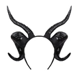 Glänzendes schwarzes Dämonenhorn-Haarband für Halloween Cosplay mit spiralförmigen Schafhörnern - Vierhorn Schaf Stirnband / Schwarz